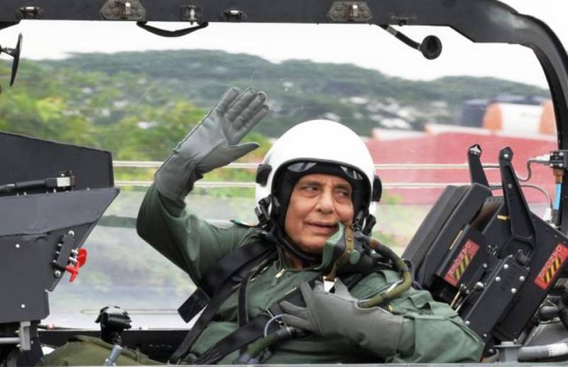Rajnath Singh taking a sortie on India's indigenously built Light Combat Aircraft (LCA) Tejas, at the HAL airport in Bengaluru