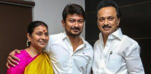 Udhayanidhi Stalin (middle) with his father, MK Stalin (right), and mother, Durga Stalin (left)